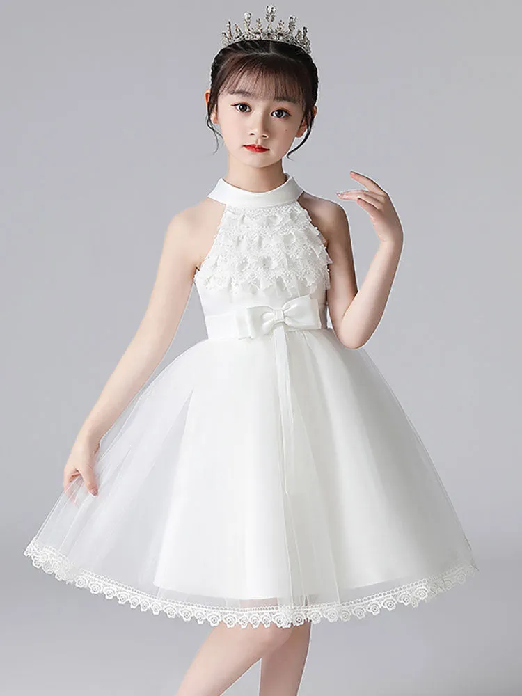 Champagne Designed Neckline Sleeveless Polyester Cotton Tulle Embroidered Formal Kids Pageant flower girl dresses