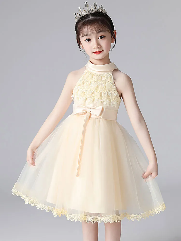 Champagne Designed Neckline Sleeveless Polyester Cotton Tulle Embroidered Formal Kids Pageant flower girl dresses