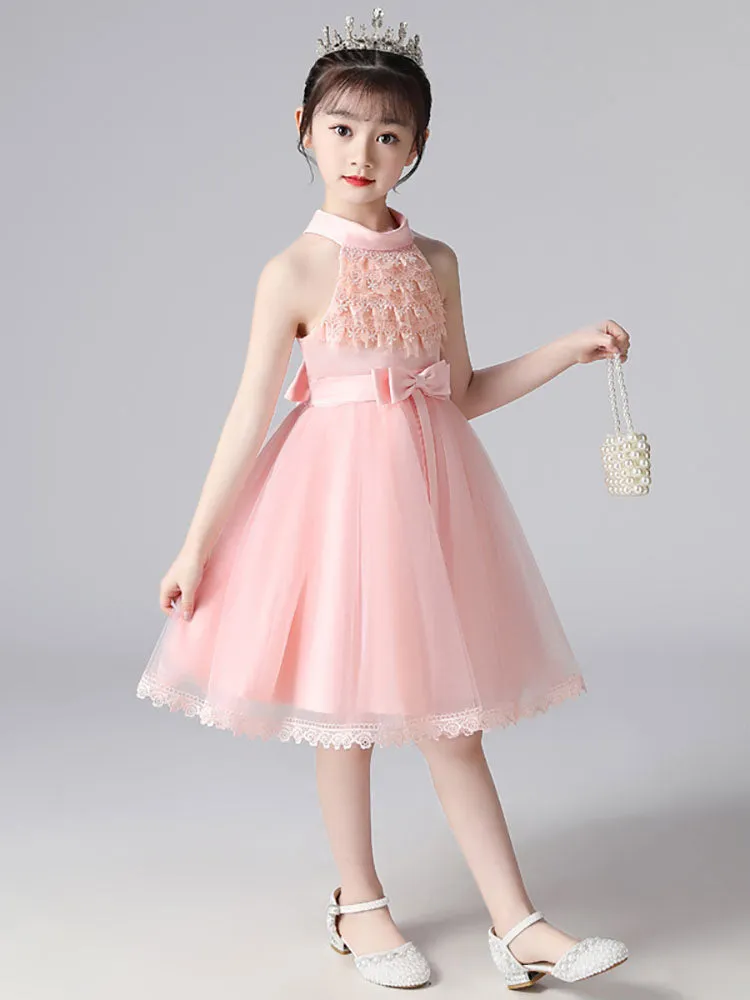 Champagne Designed Neckline Sleeveless Polyester Cotton Tulle Embroidered Formal Kids Pageant flower girl dresses