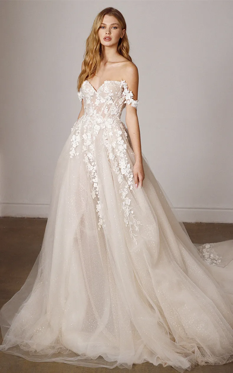 Charming A Line Off-the-shoulder Tulle Wedding Dress with Appliques-716384