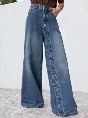Chic High-Waisted Loose-Fit Jean Pants with Buttoned Pockets
