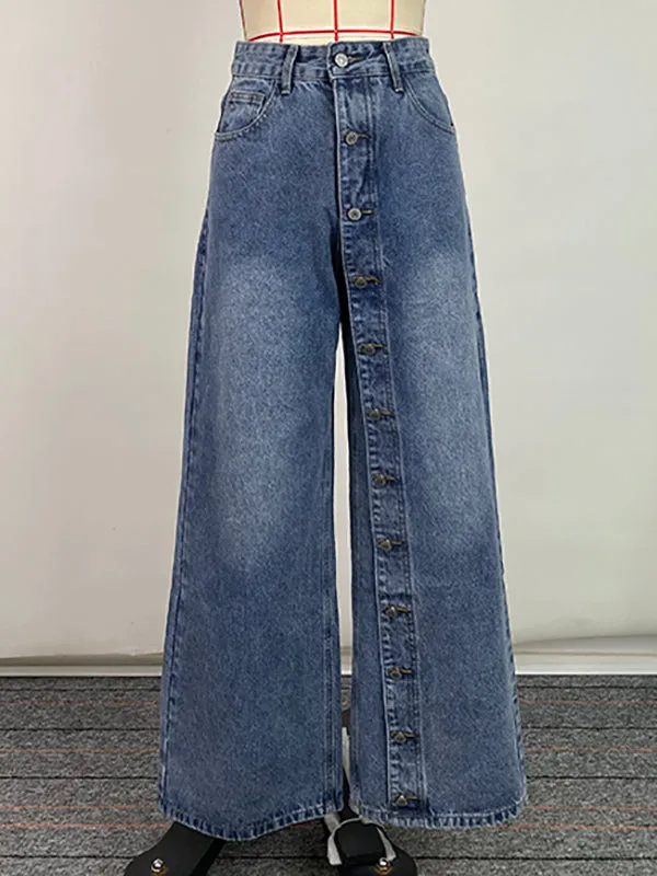 Chic High-Waisted Loose-Fit Jean Pants with Buttoned Pockets