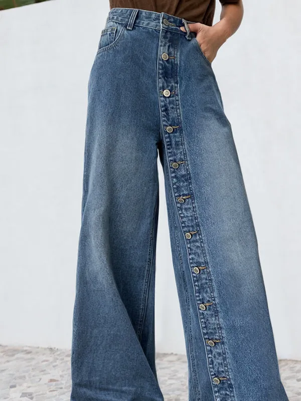Chic High-Waisted Loose-Fit Jean Pants with Buttoned Pockets