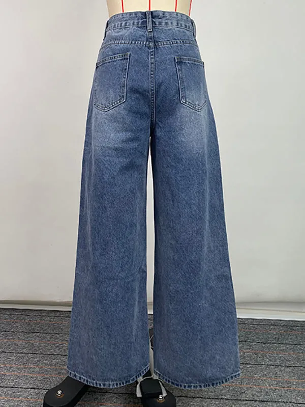 Chic High-Waisted Loose-Fit Jean Pants with Buttoned Pockets