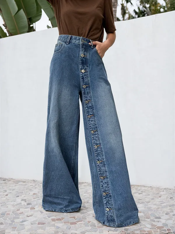 Chic High-Waisted Loose-Fit Jean Pants with Buttoned Pockets