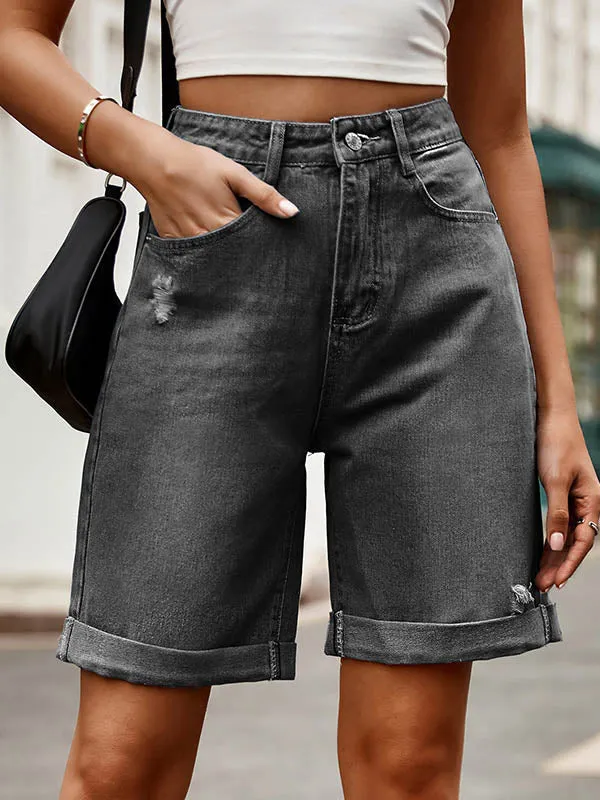 Chic High-Waisted Loose Jean Shorts with Buttoned Pockets