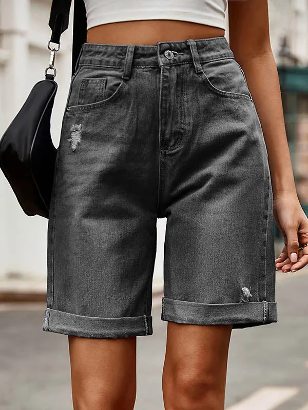 Chic High-Waisted Loose Jean Shorts with Buttoned Pockets