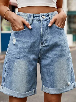 Chic High-Waisted Loose Jean Shorts with Buttoned Pockets