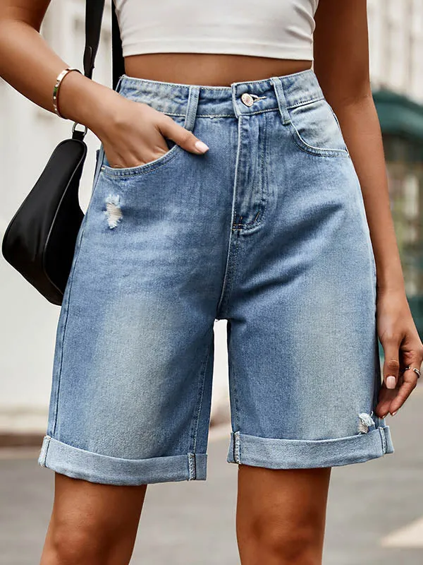 Chic High-Waisted Loose Jean Shorts with Buttoned Pockets