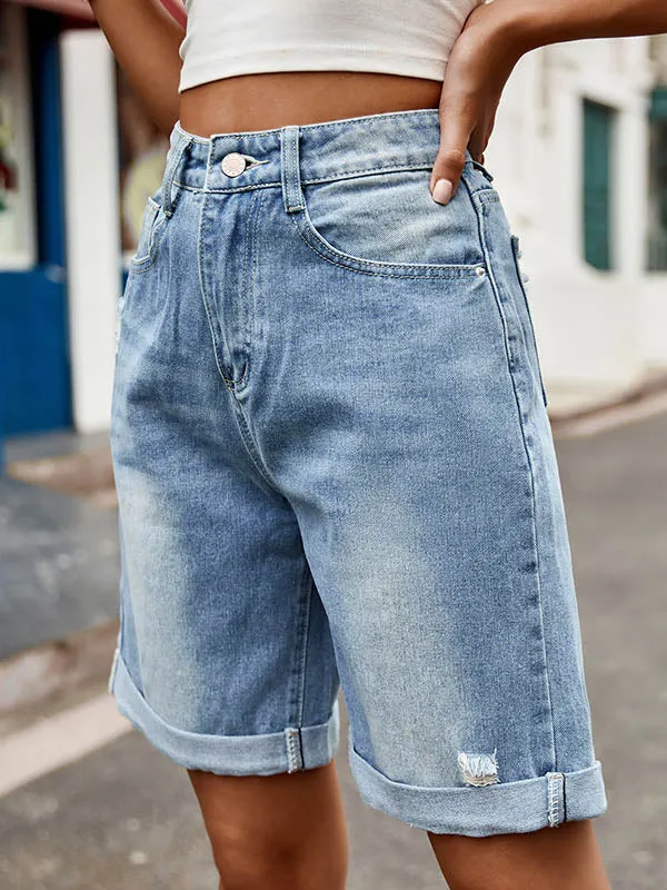 Chic High-Waisted Loose Jean Shorts with Buttoned Pockets