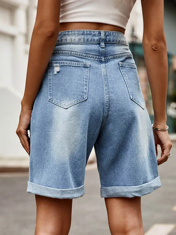Chic High-Waisted Loose Jean Shorts with Buttoned Pockets