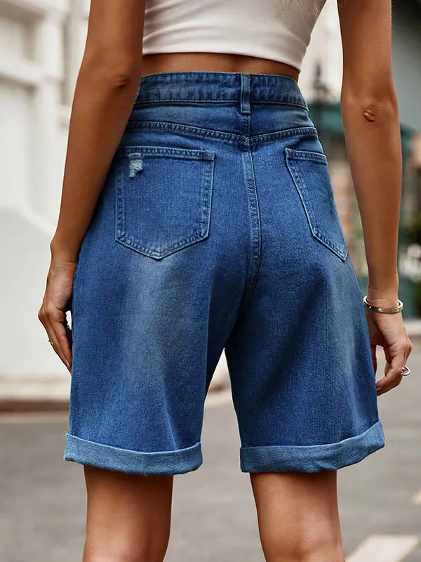 Chic High-Waisted Loose Jean Shorts with Buttoned Pockets
