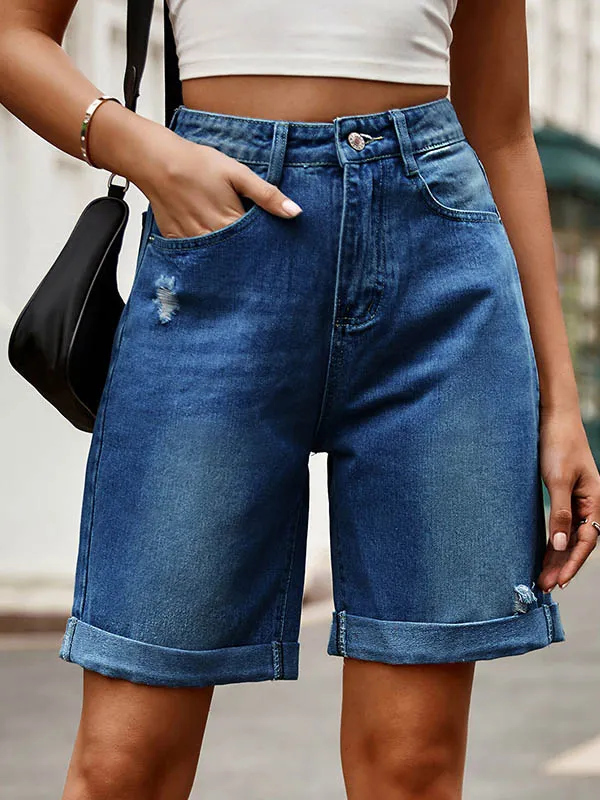 Chic High-Waisted Loose Jean Shorts with Buttoned Pockets