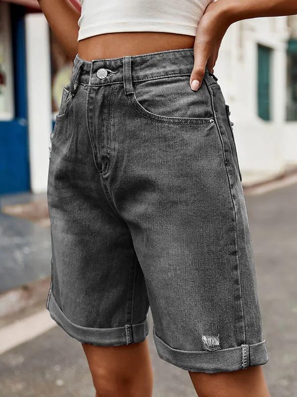 Chic High-Waisted Loose Jean Shorts with Buttoned Pockets