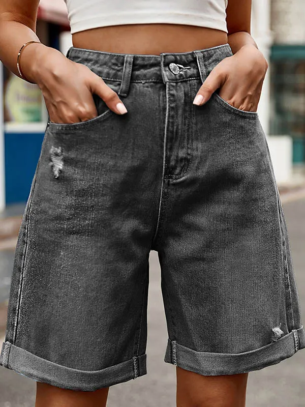 Chic High-Waisted Loose Jean Shorts with Buttoned Pockets