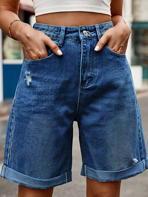 Chic High-Waisted Loose Jean Shorts with Buttoned Pockets