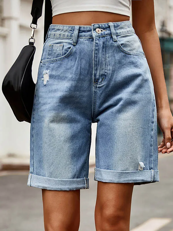 Chic High-Waisted Loose Jean Shorts with Buttoned Pockets