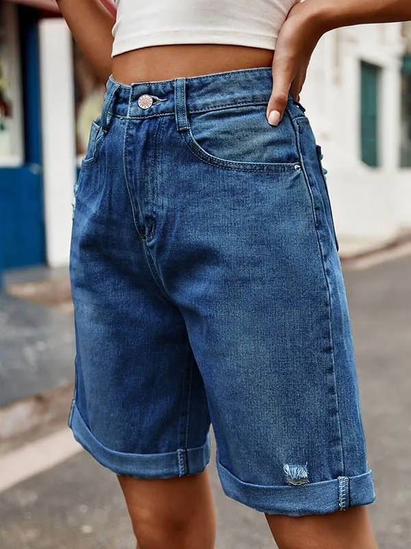 Chic High-Waisted Loose Jean Shorts with Buttoned Pockets