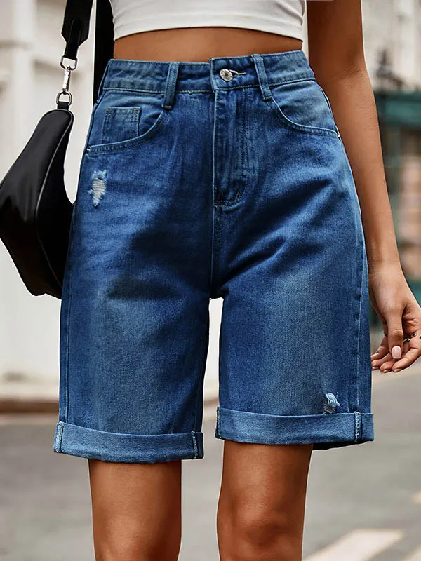 Chic High-Waisted Loose Jean Shorts with Buttoned Pockets