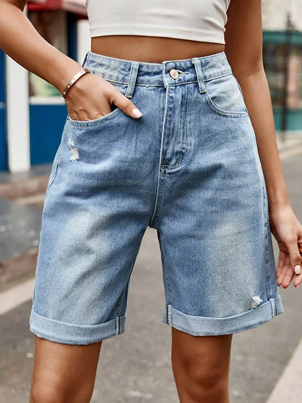 Chic High-Waisted Loose Jean Shorts with Buttoned Pockets