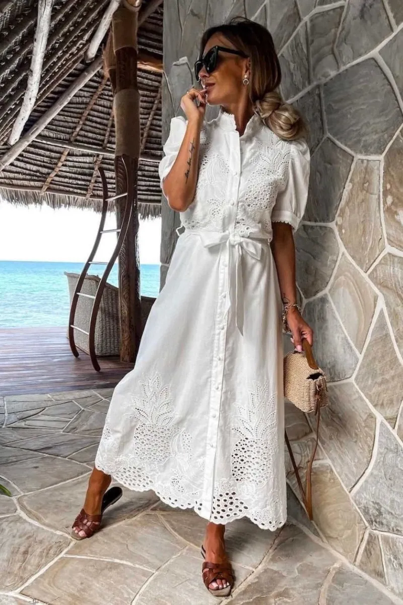 Chouyatou Women's Embroidered Eyelet Shirt Dresses Belted Puff Sleeve Button Down Swing Boho Cotton Maxi Shirt Dress
