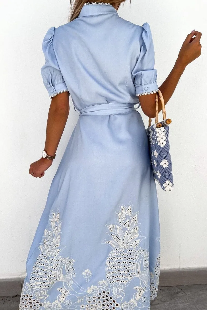 Chouyatou Women's Embroidered Eyelet Shirt Dresses Belted Puff Sleeve Button Down Swing Boho Cotton Maxi Shirt Dress