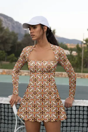 Clay Bloom Long Sleeve Court Dress – Retro Floral Activewear