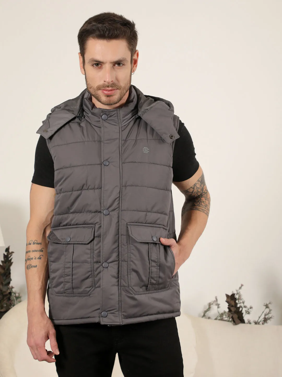 COBB SOLID GREY HOODED SLEEVELESS ZIPPER JACKET