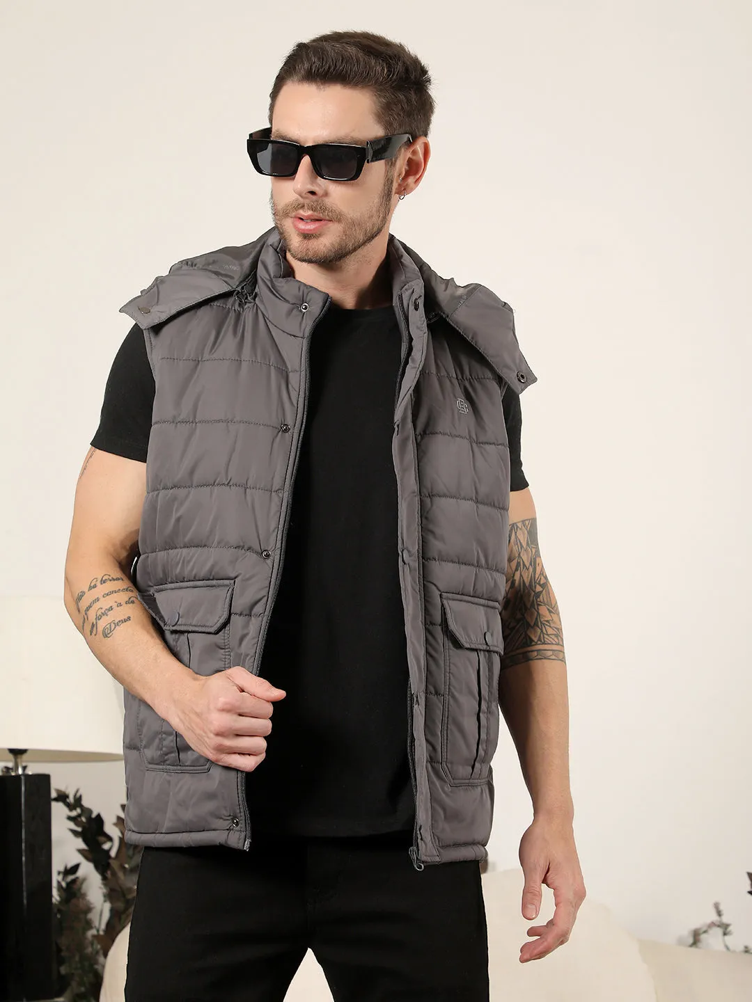 COBB SOLID GREY HOODED SLEEVELESS ZIPPER JACKET