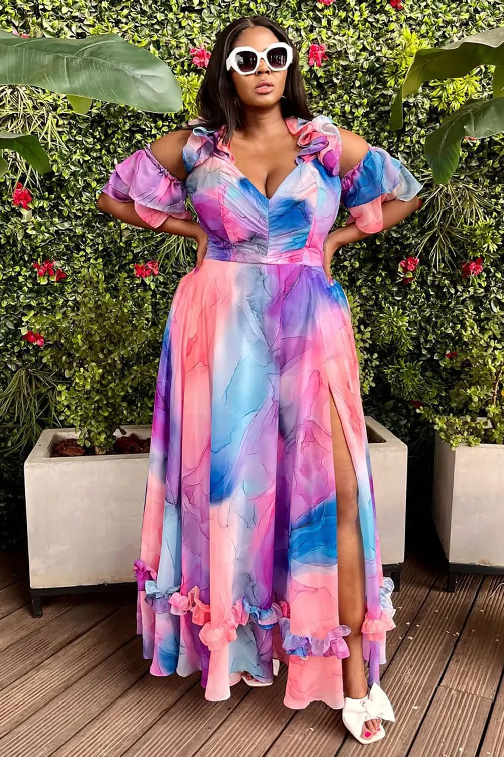 Cold Shoulder Ruffle Slit Ombre Print Vacation Maxi Dresses-Pink [Pre Order]