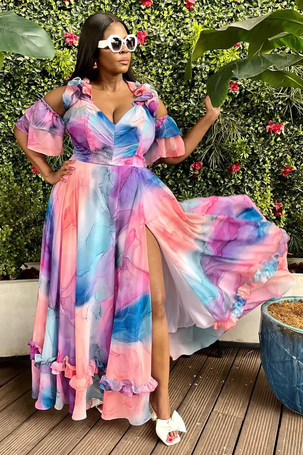 Cold Shoulder Ruffle Slit Ombre Print Vacation Maxi Dresses-Pink [Pre Order]