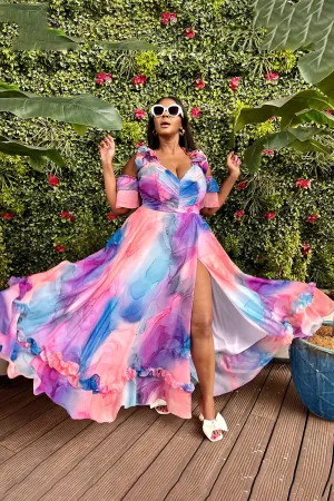 Cold Shoulder Ruffle Slit Ombre Print Vacation Maxi Dresses-Pink [Pre Order]