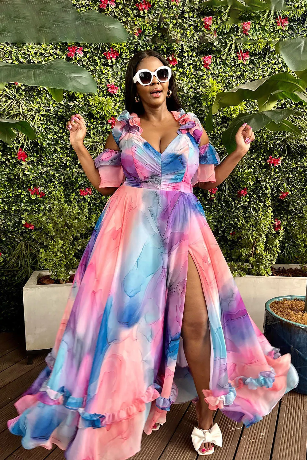 Cold Shoulder Ruffle Slit Ombre Print Vacation Maxi Dresses-Pink [Pre Order]