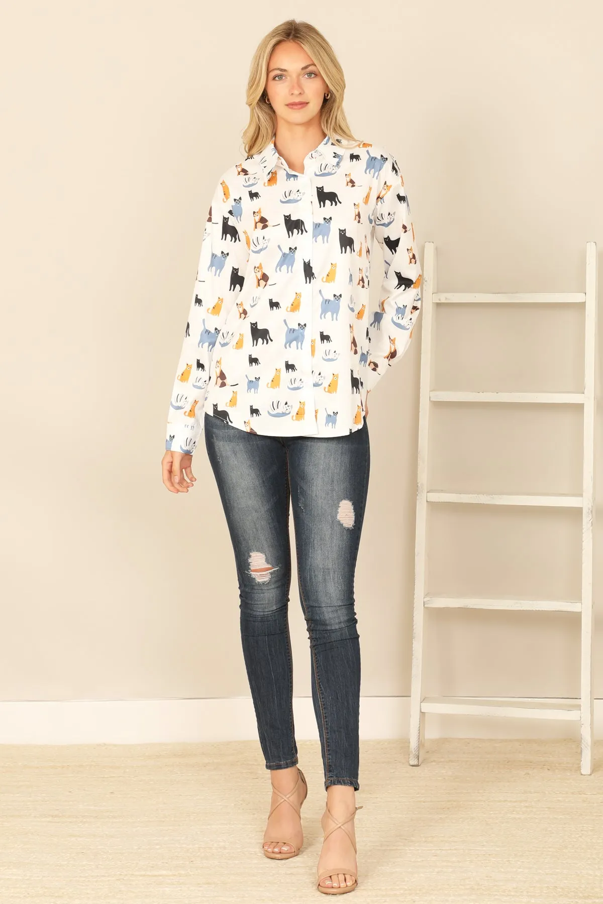 COLLARED LONG SLEEVE CAT PRINT TOP