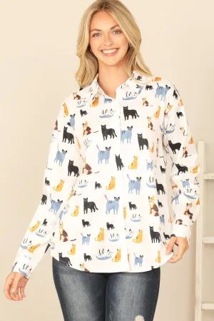 COLLARED LONG SLEEVE CAT PRINT TOP