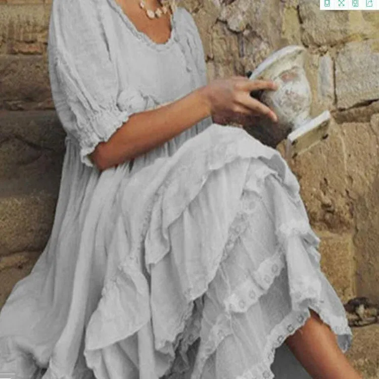 Comfortable linen maxi dress with cotton ruffles in vintage style