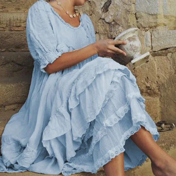 Comfortable linen maxi dress with cotton ruffles in vintage style