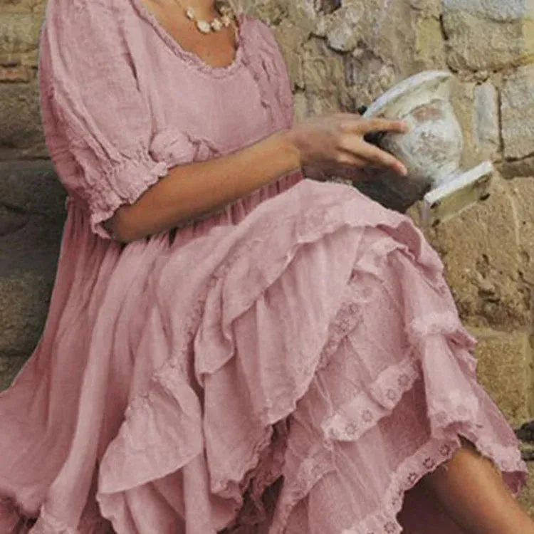 Comfortable linen maxi dress with cotton ruffles in vintage style