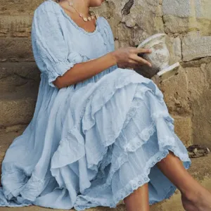 Comfortable linen maxi dress with cotton ruffles in vintage style