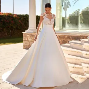 Country Vintage Wedding Dresses Vestido de Noivas Civil Lace Bride Dress 2024 Cap Sleeve Satin Wedding Gowns Princess Buttons