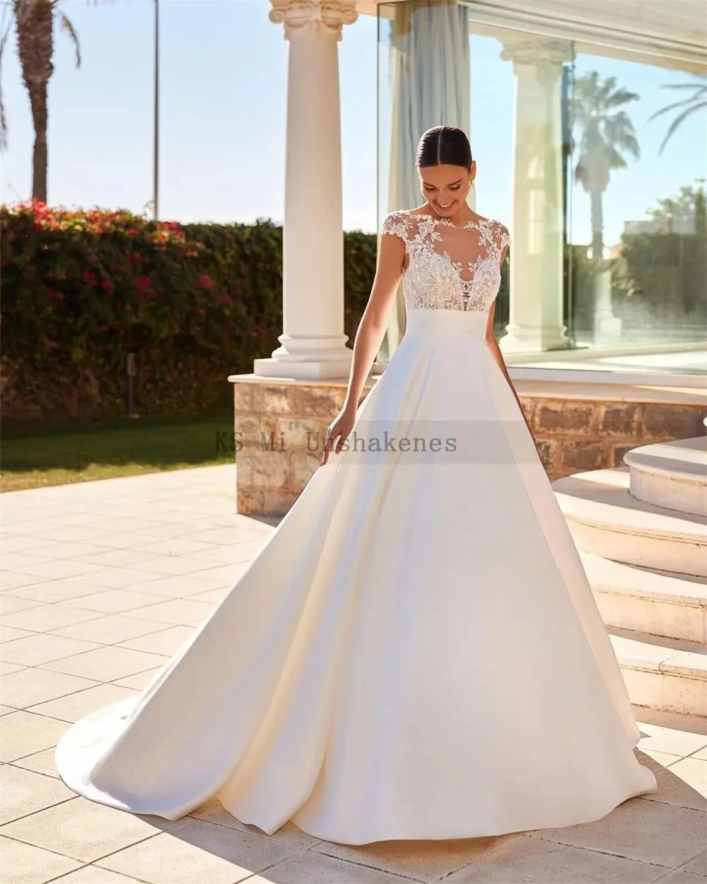Country Vintage Wedding Dresses Vestido de Noivas Civil Lace Bride Dress 2024 Cap Sleeve Satin Wedding Gowns Princess Buttons