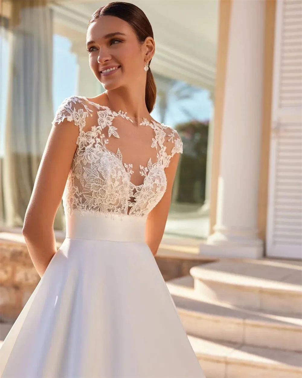 Country Vintage Wedding Dresses Vestido de Noivas Civil Lace Bride Dress 2024 Cap Sleeve Satin Wedding Gowns Princess Buttons