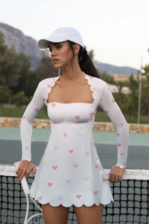 Court Crush – White Long Sleeve Tennis Dress with Pastel Pink Hearts