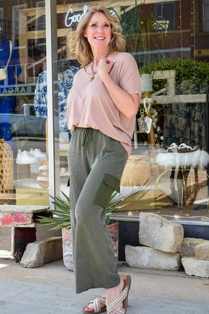 CURVY - SOLID URBAN RIBBED CASUAL PANTS - OLIVE