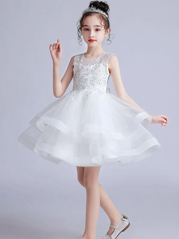 Cute Jewel Neck Sleeveless Embroidered Kids Party flower girl dresses