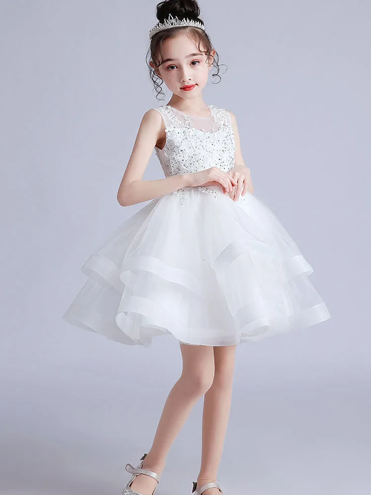 Cute Jewel Neck Sleeveless Embroidered Kids Party flower girl dresses