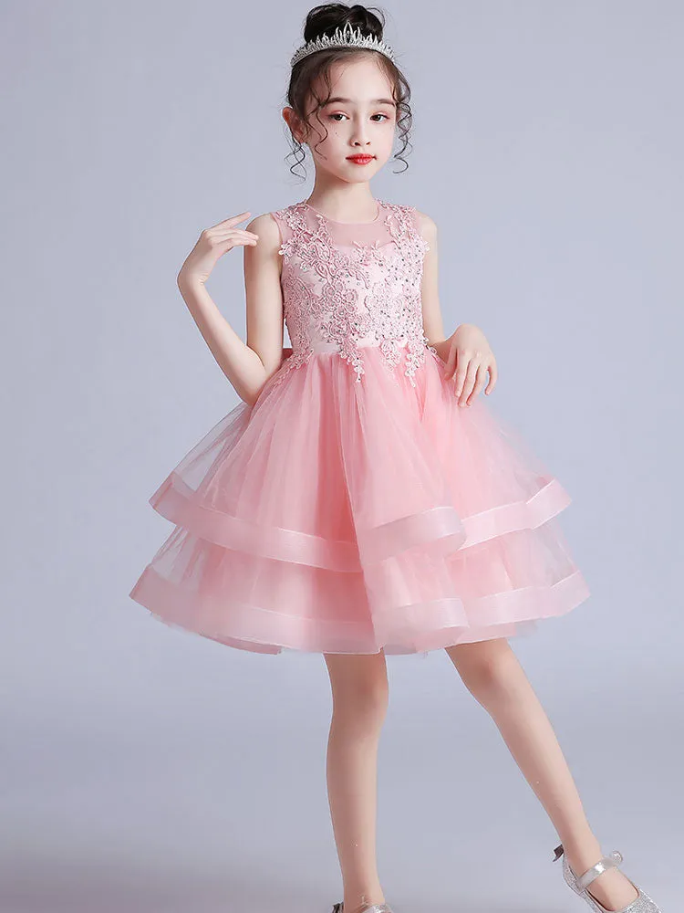 Cute Jewel Neck Sleeveless Embroidered Kids Party flower girl dresses