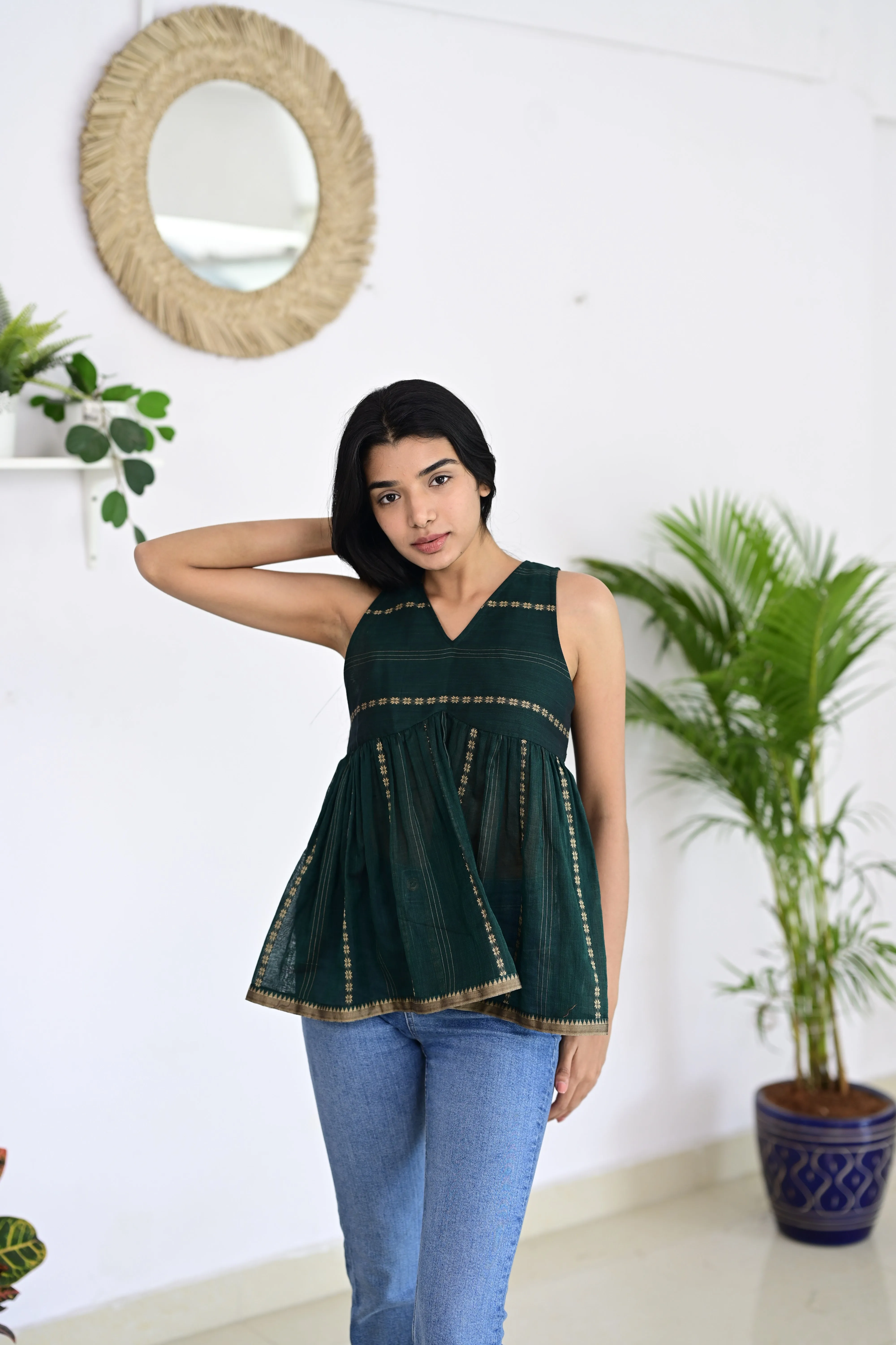 Dark Green Short Top – Stylish Handloom