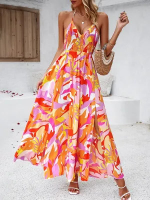 Delanie - Sleeveless, stretchy, pleated, printed maxi dresses with side slit and halter neck with high waist