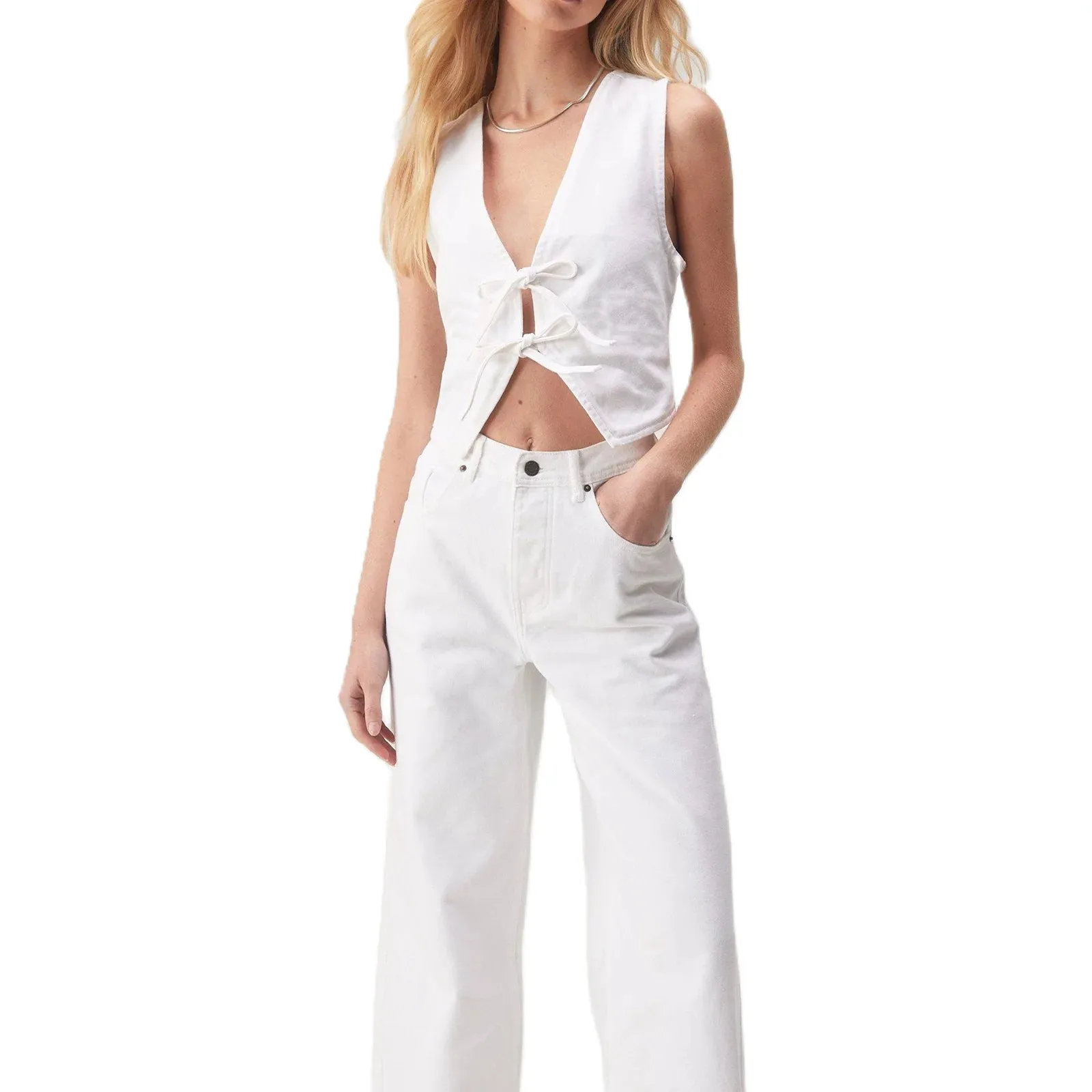 Denim V Neck Tie Up Front Top